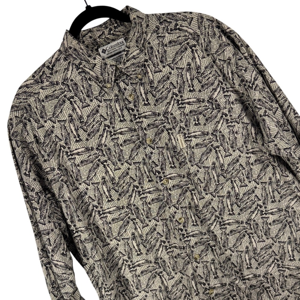 Columbia Sportswear Vintage Trout Fish Print Button Up Shirt Mens XL Long Sleeve